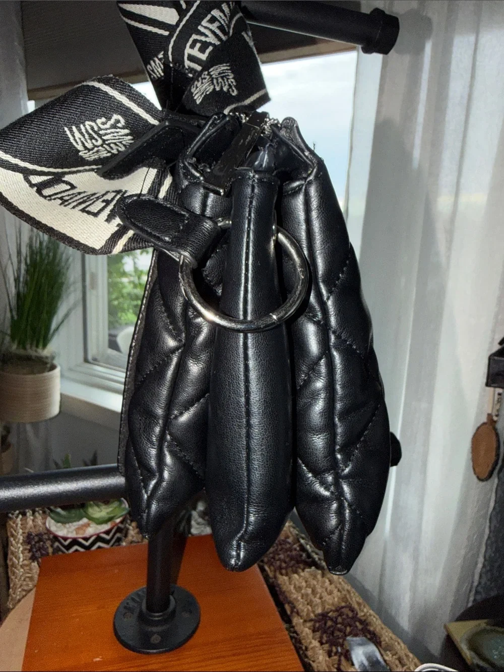 Steve Madden Black Quilted Crossbody Messenger Bag with Logo Strap